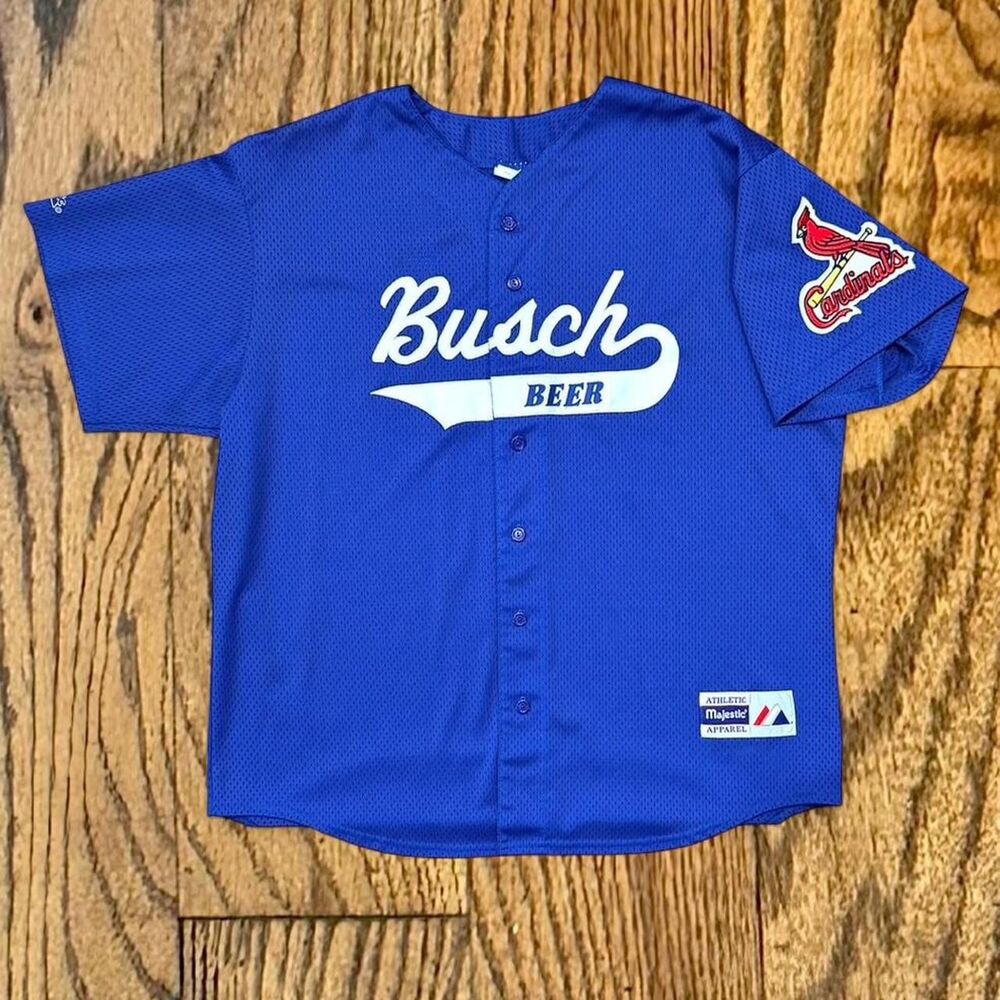 Vintage 90’s Blue Busch Beer St. Louis Cardinals Majestic Baseball Jersey